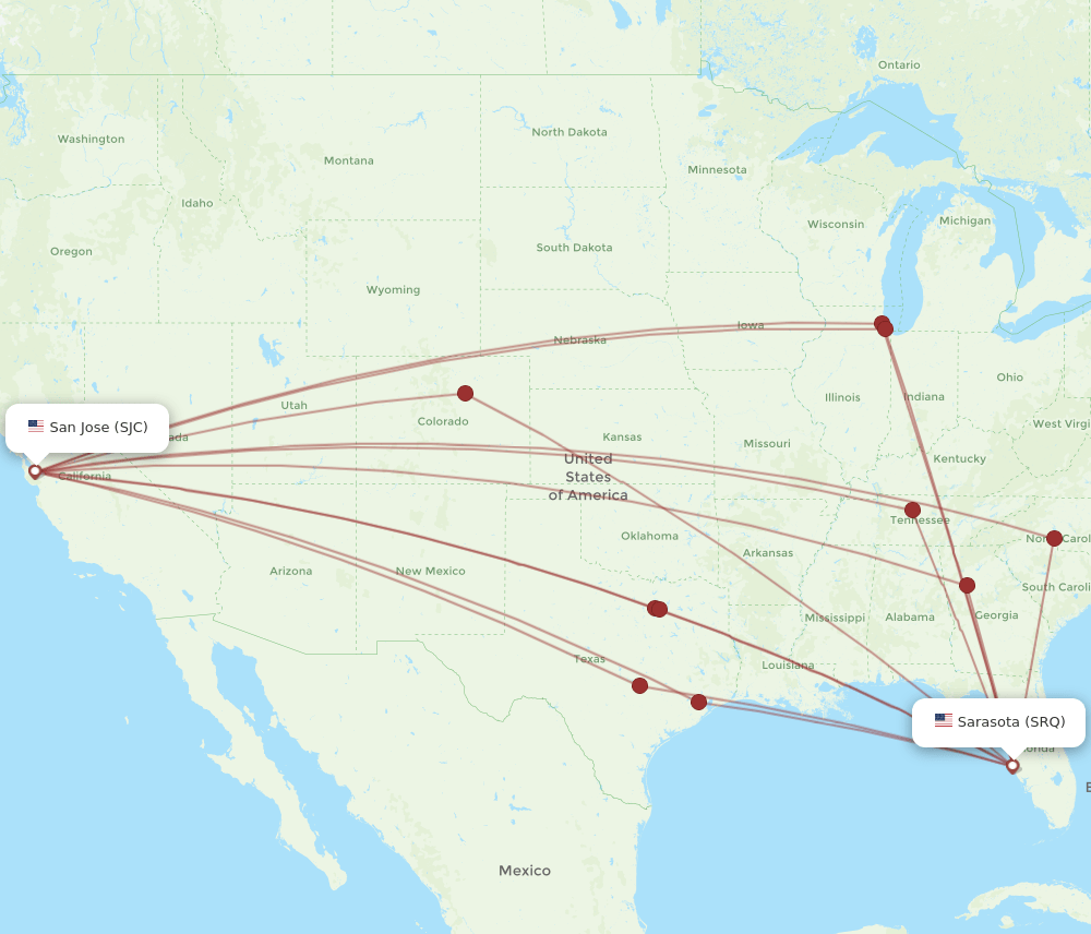 SJC to SRQ flights and routes map