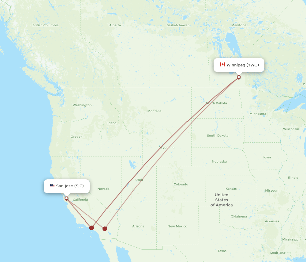 Winnipeg - San Jose route map and flight paths