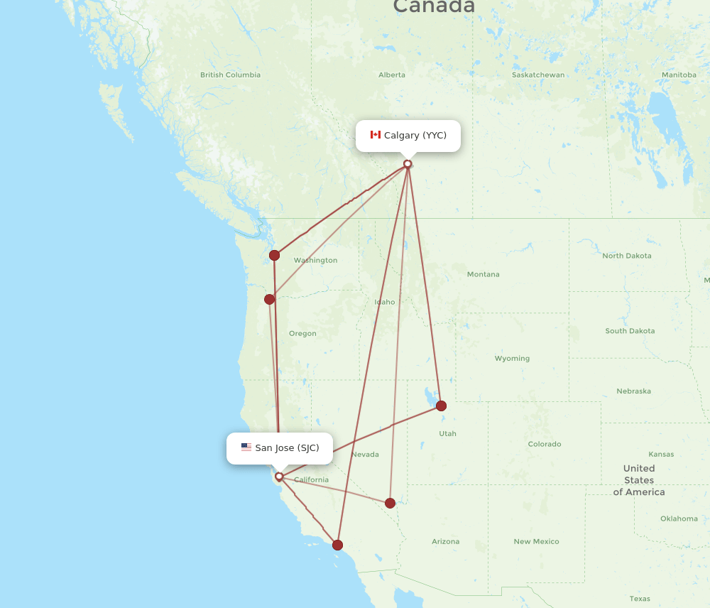 Calgary - San Jose route map and flight paths