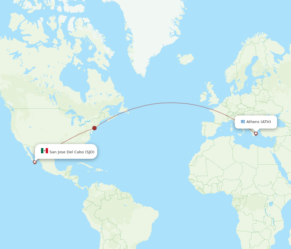 Athens - San Jose Cabo route map and flight paths