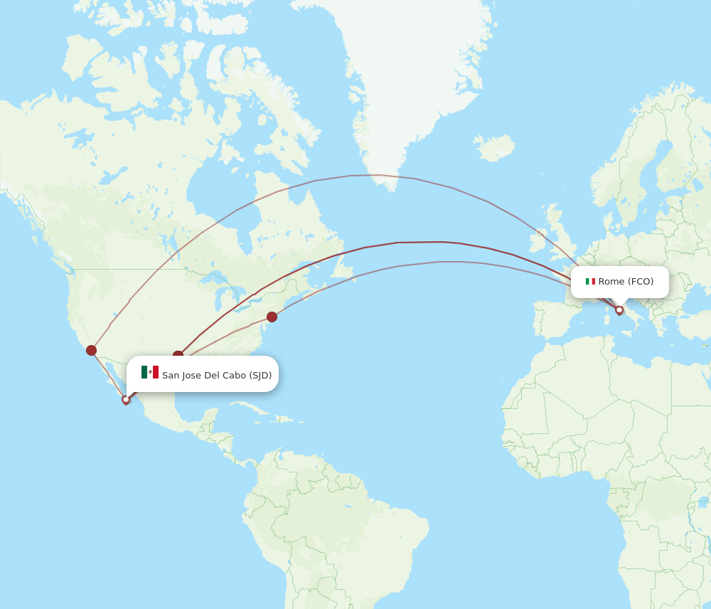 Rome - San Jose Cabo route map and flight paths