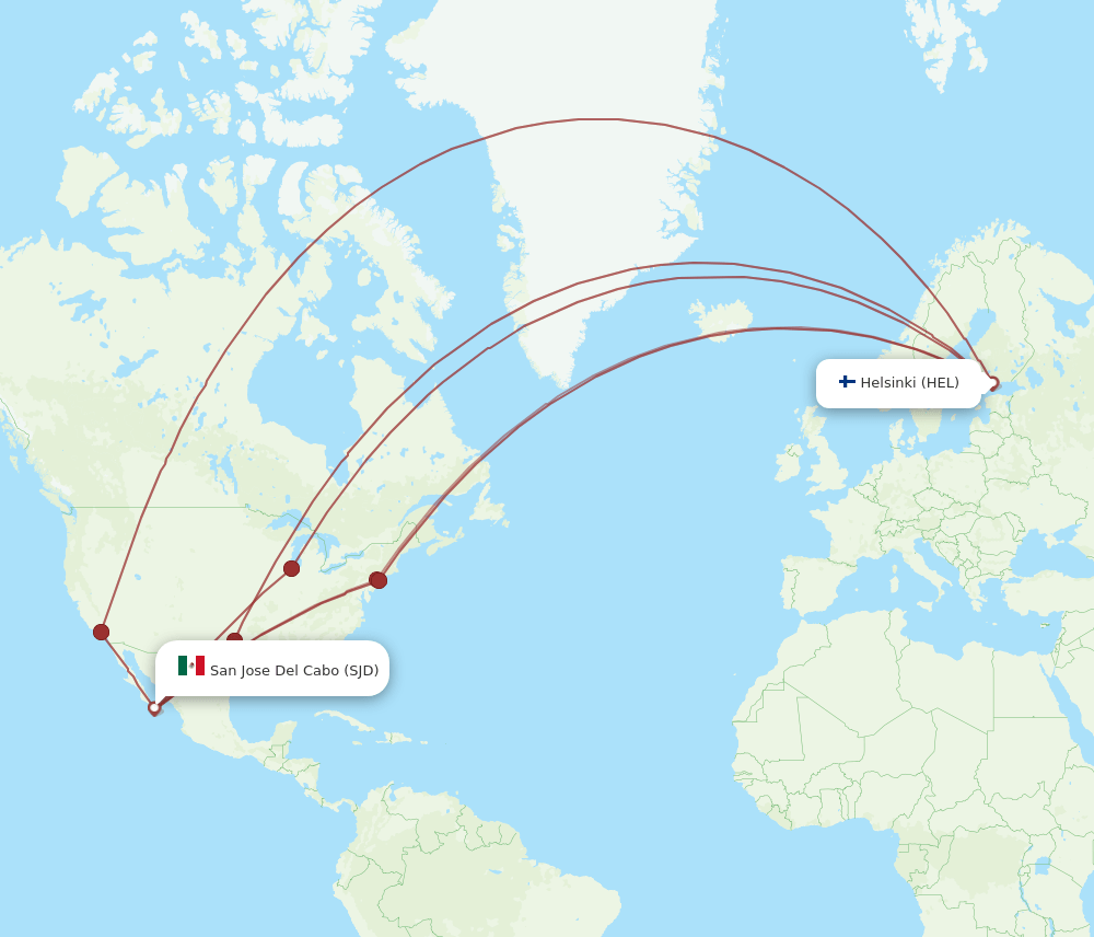 Helsinki - San Jose Cabo route map and flight paths