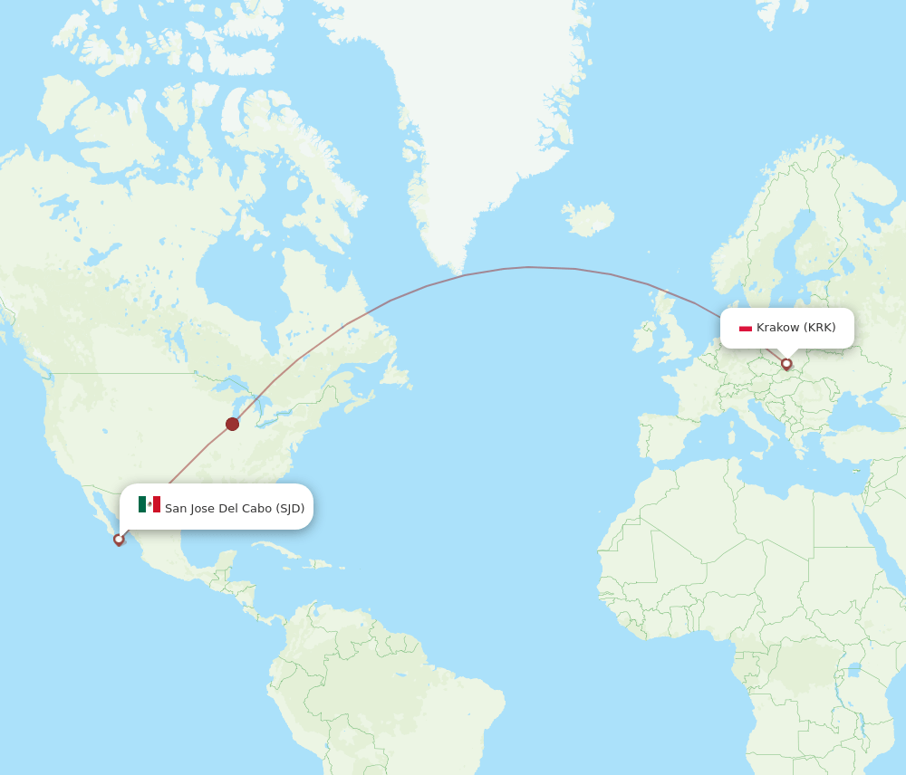 Krakow - San Jose Cabo route map and flight paths