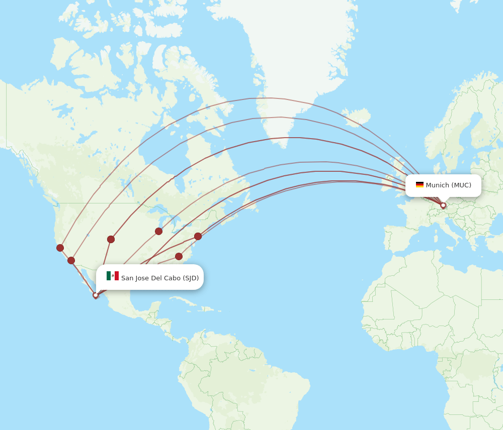 Munich - San Jose Cabo route map and flight paths