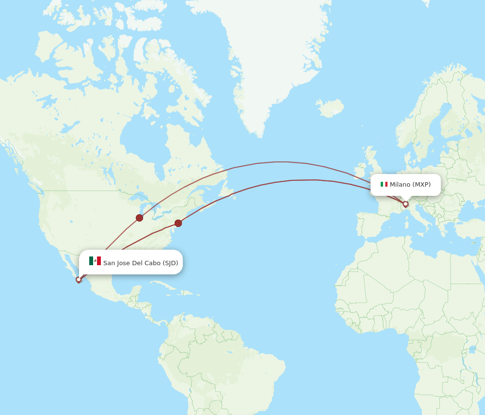 Milan - San Jose Cabo route map and flight paths