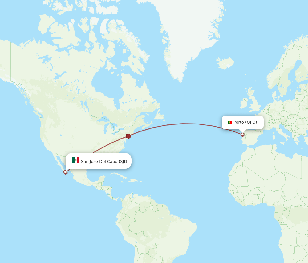 Porto - San Jose Cabo route map and flight paths