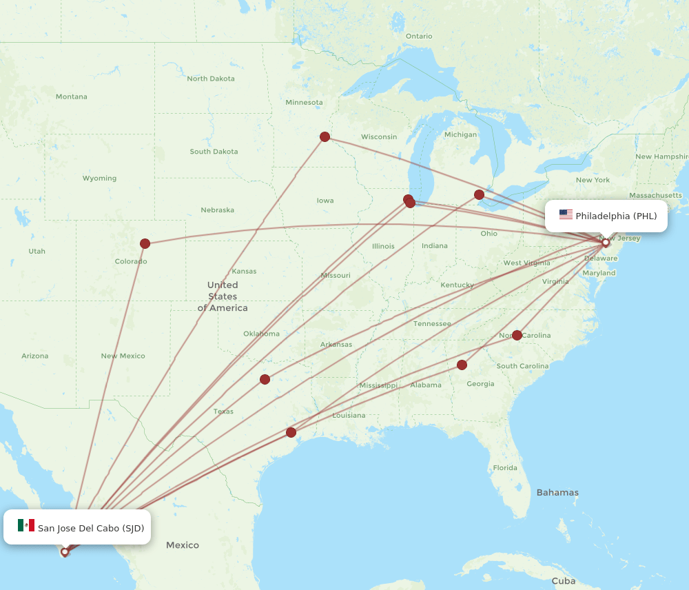 SJD to PHL flights and routes map