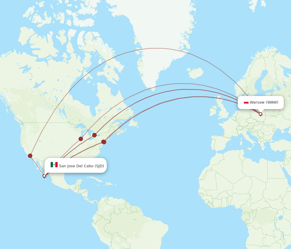 Warsaw - San Jose Cabo route map and flight paths