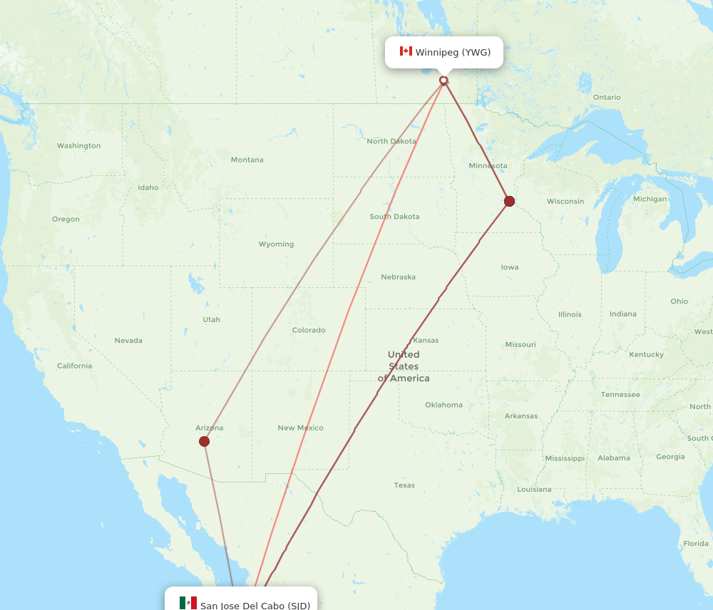 SJD to YWG flights and routes map