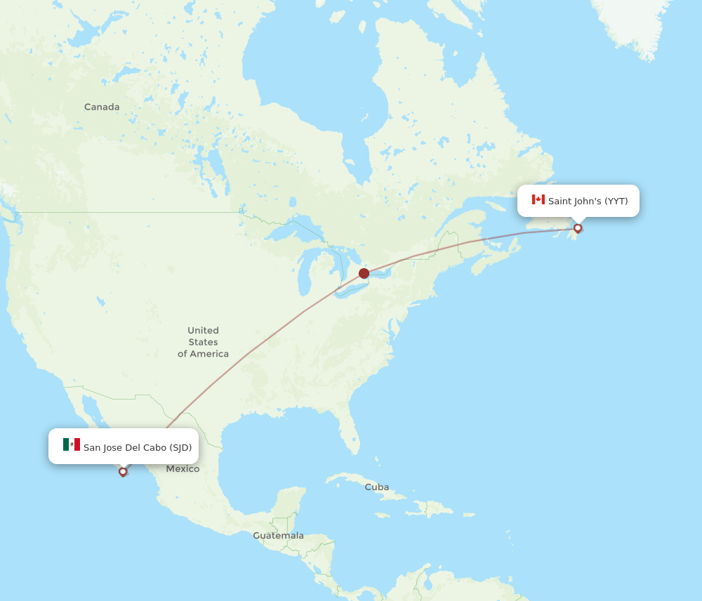St. John's - San Jose Cabo route map and flight paths