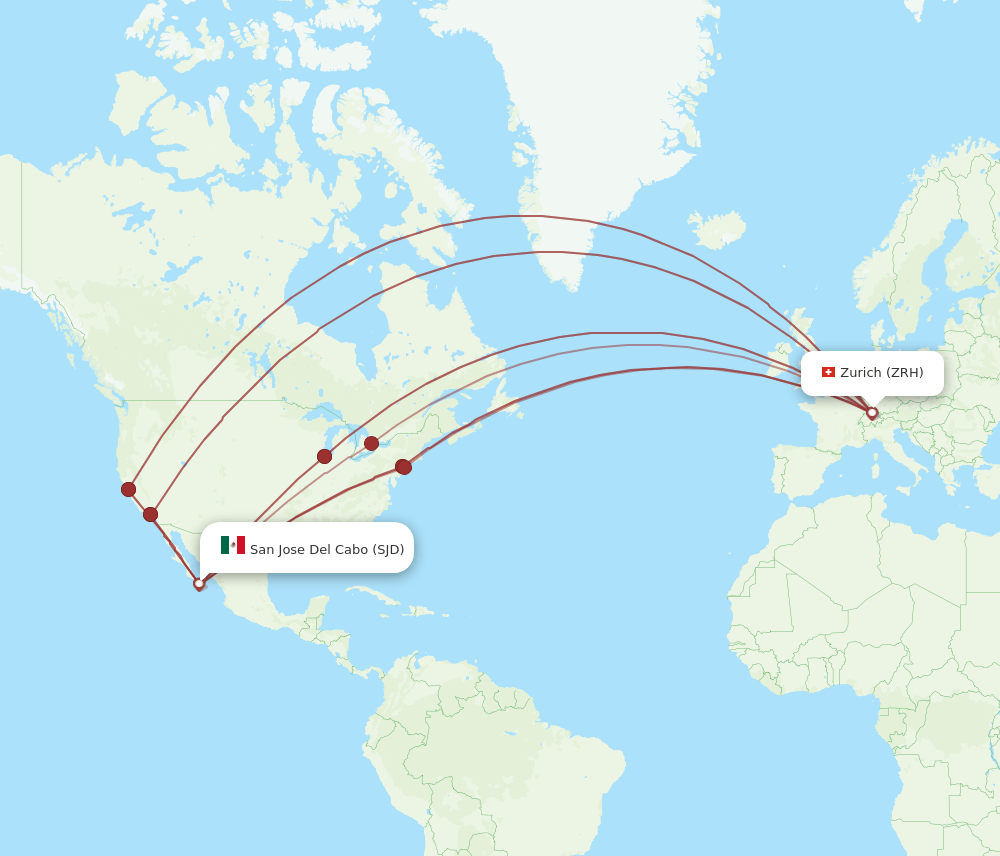 Zurich - San Jose Cabo route map and flight paths