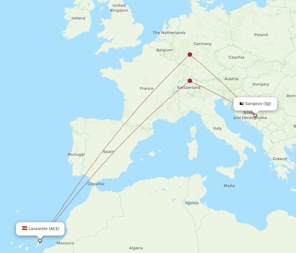 Lanzarote - Sarajevo route map and flight paths