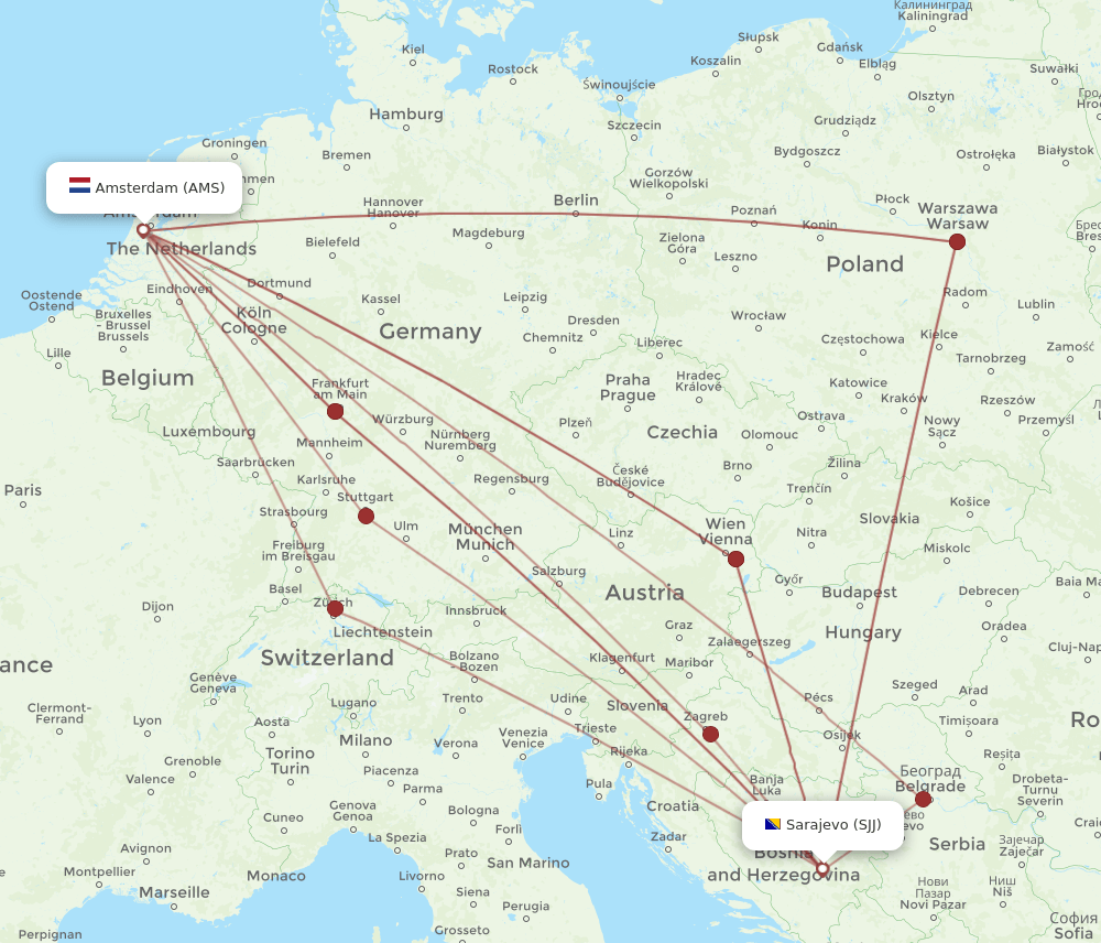 SJJ-AMS flight routes