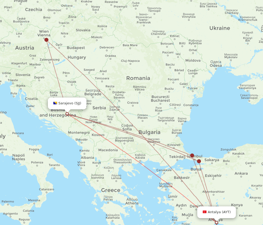 SJJ to AYT flights and routes map