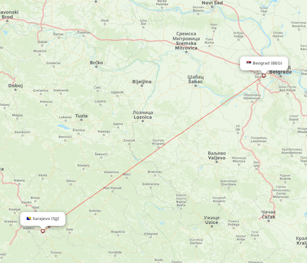 Sarajevo - Belgrade route map and flight paths