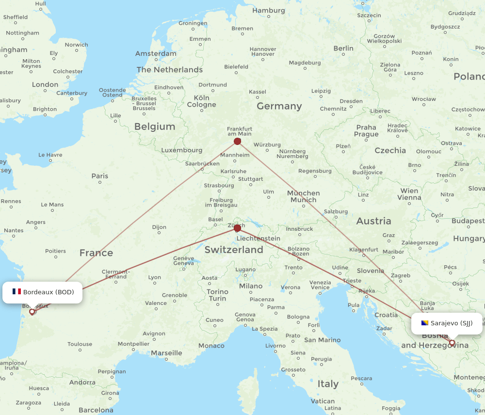 Bordeaux - Sarajevo route map and flight paths