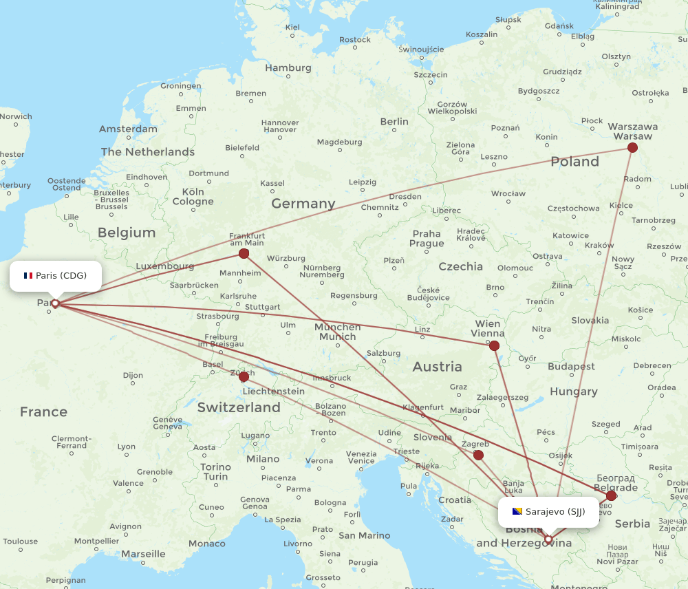 SJJ-CDG flight routes