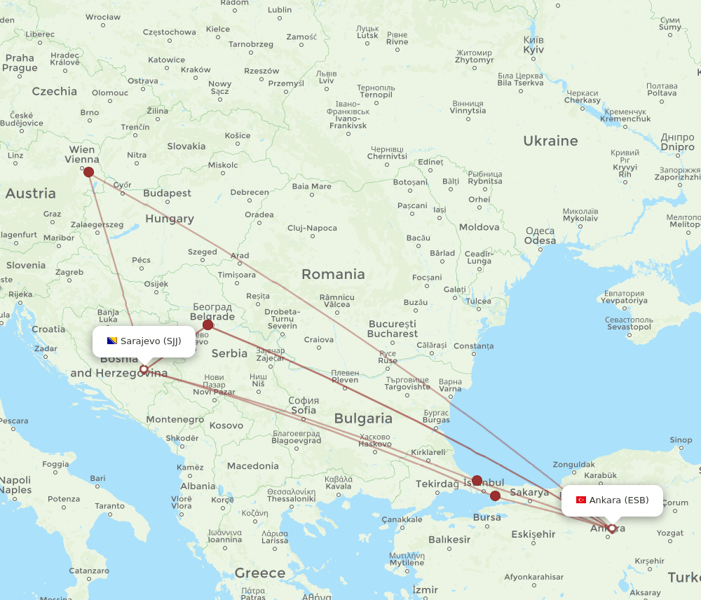 SJJ to ESB flights and routes map