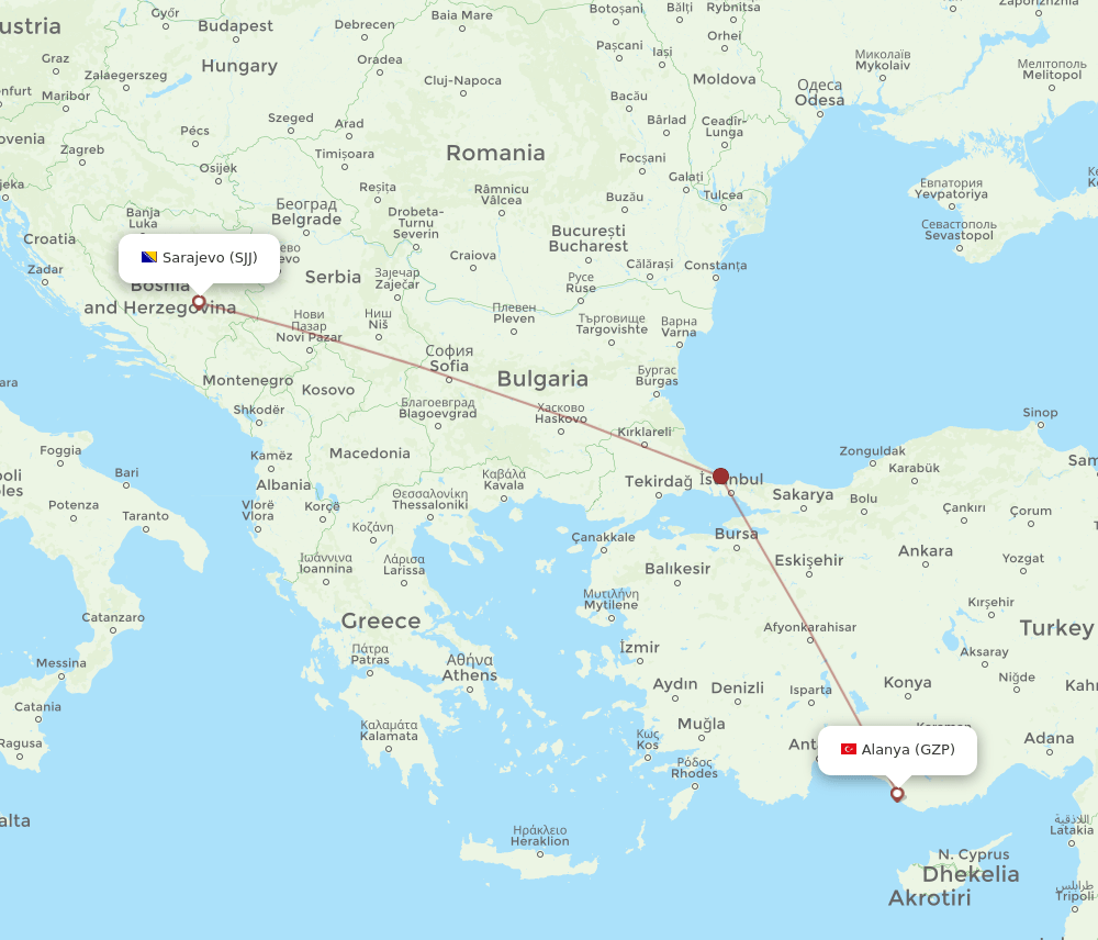 SJJ to GZP flights and routes map