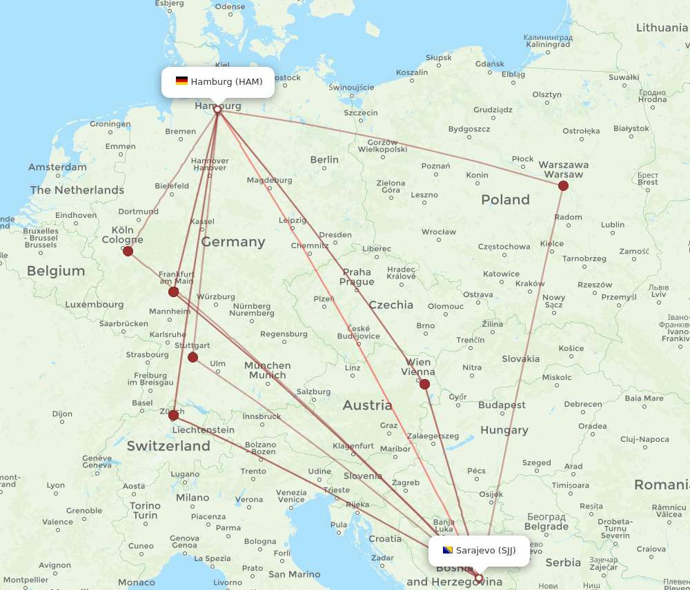 SJJ to HAM flights and routes map