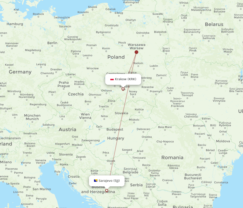 SJJ to KRK flights and routes map