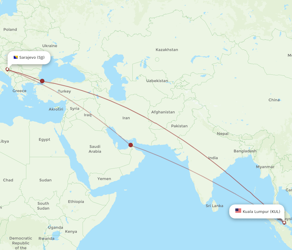 SJJ-KUL flight routes