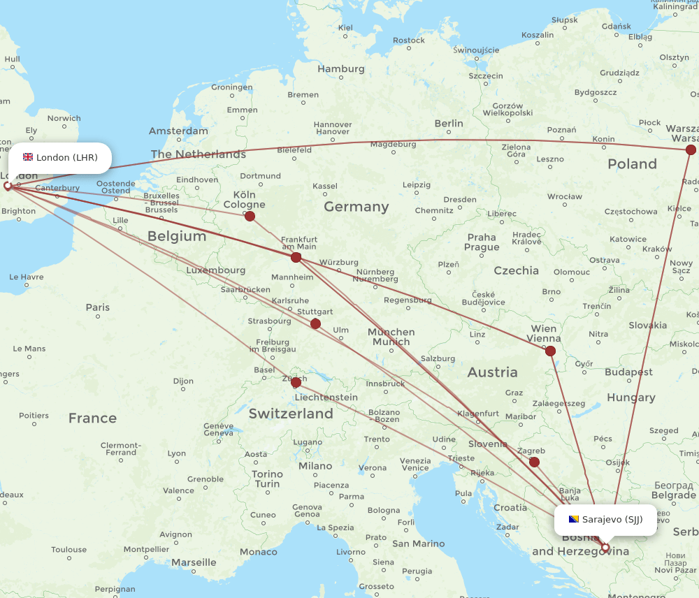 SJJ-LHR flight routes