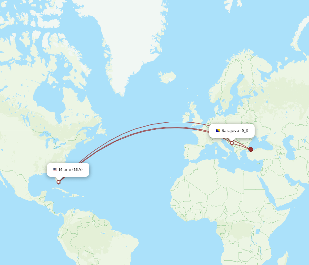 SJJ-MIA flight routes