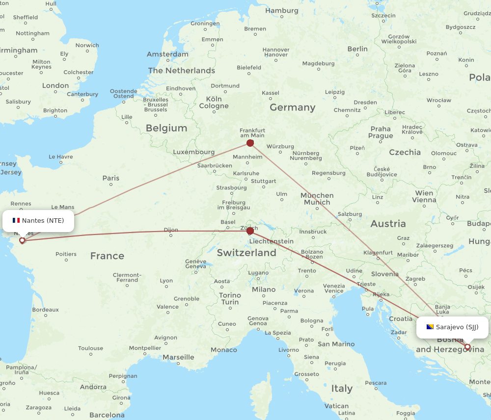 SJJ-NTE flight routes