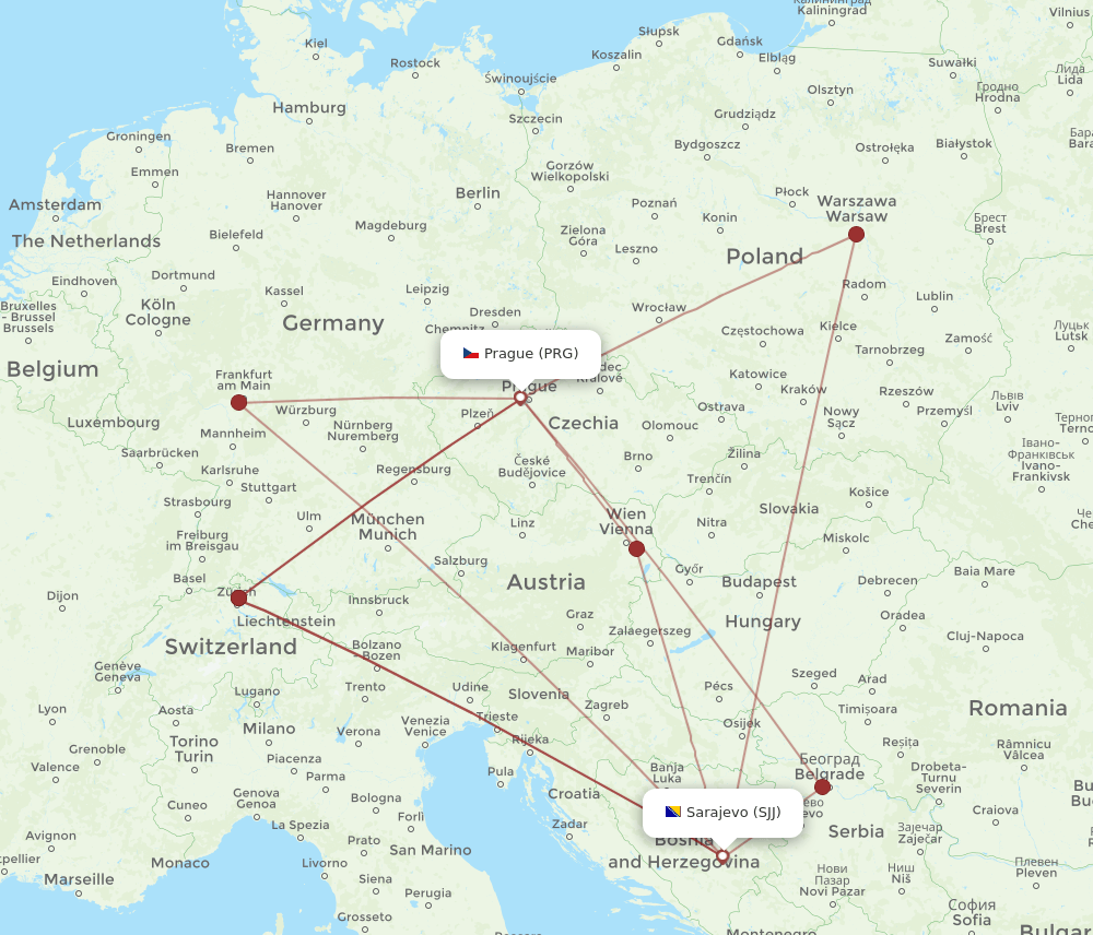 SJJ to PRG flights and routes map