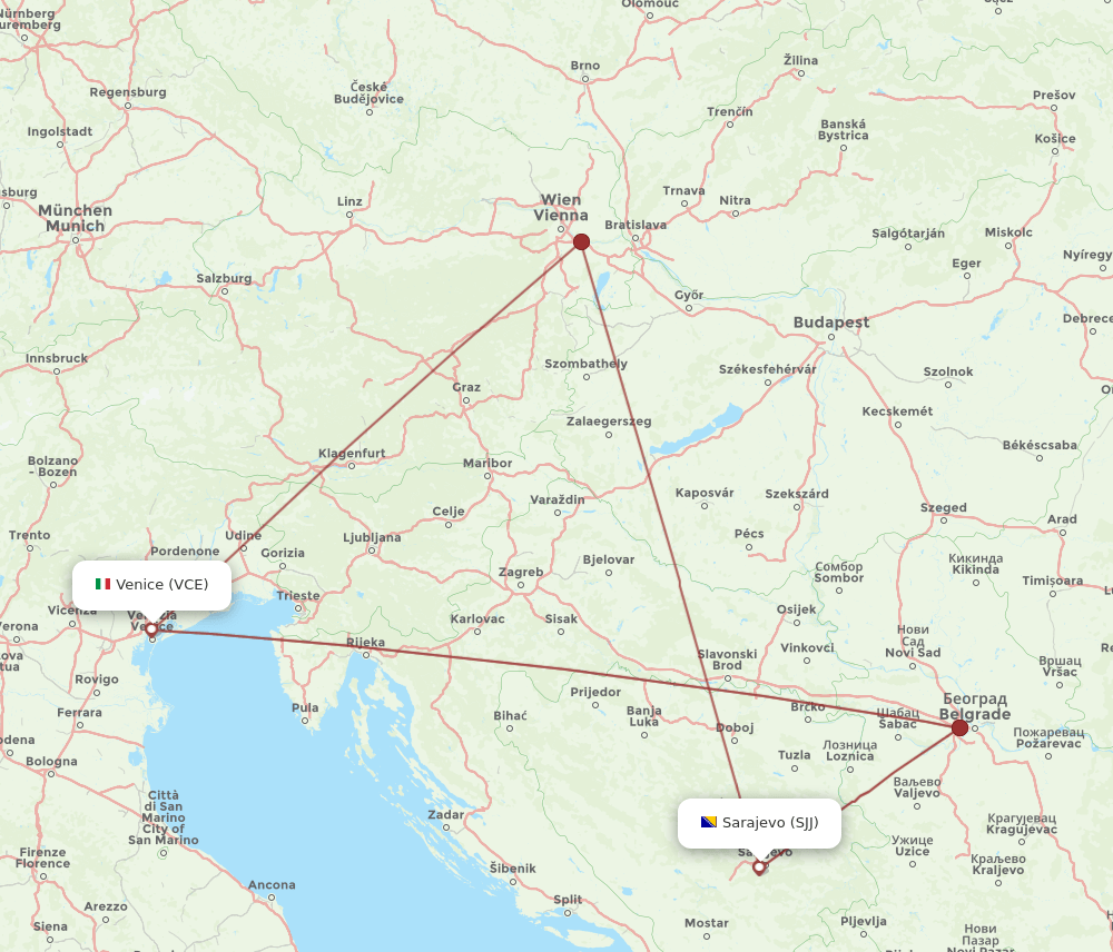 SJJ to VCE flights and routes map