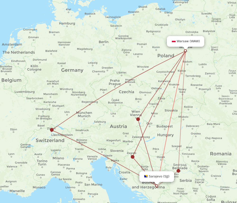 SJJ to WAW flights and routes map
