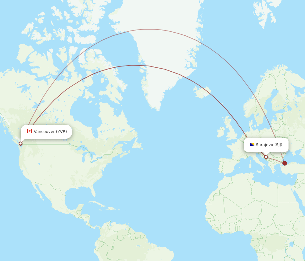 SJJ to YVR flights and routes map