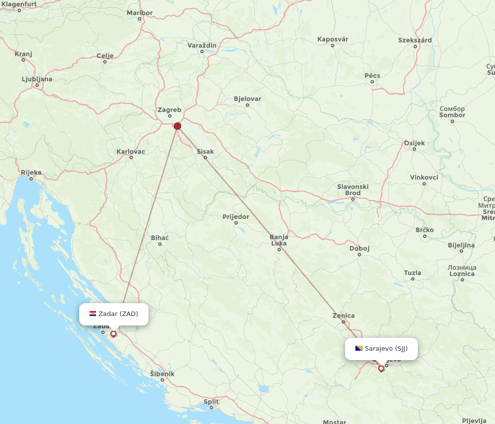 Zadar - Sarajevo route map and flight paths