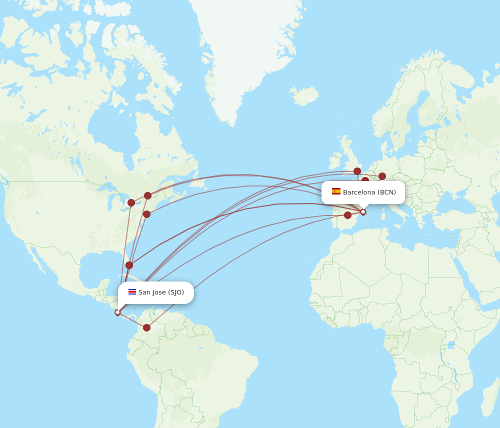SJO-BCN flight routes