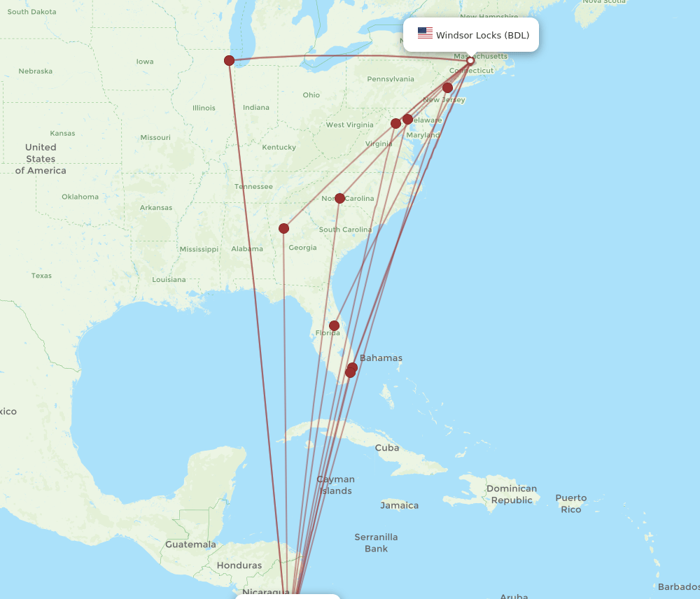 SJO to BDL flights and routes map