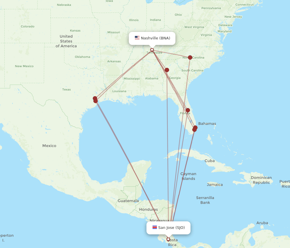 SJO-BNA flight routes