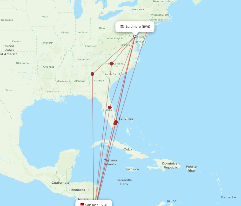 SJO-BWI flight routes