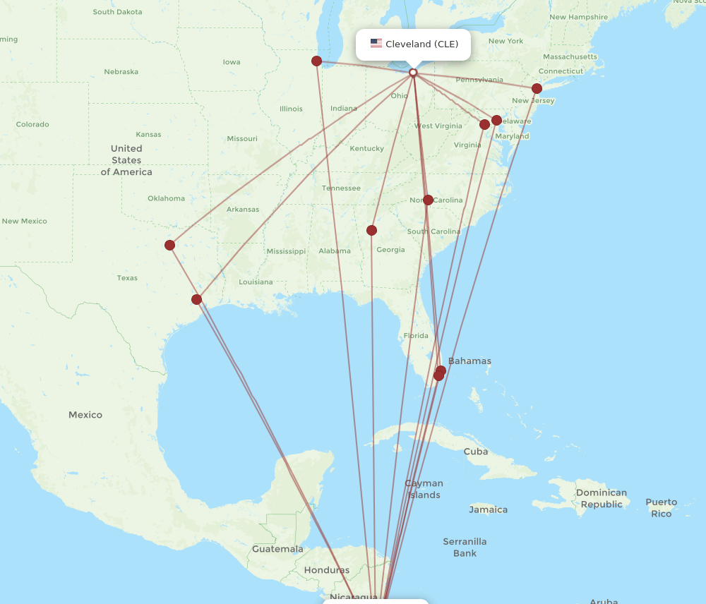 SJO-CLE flight routes
