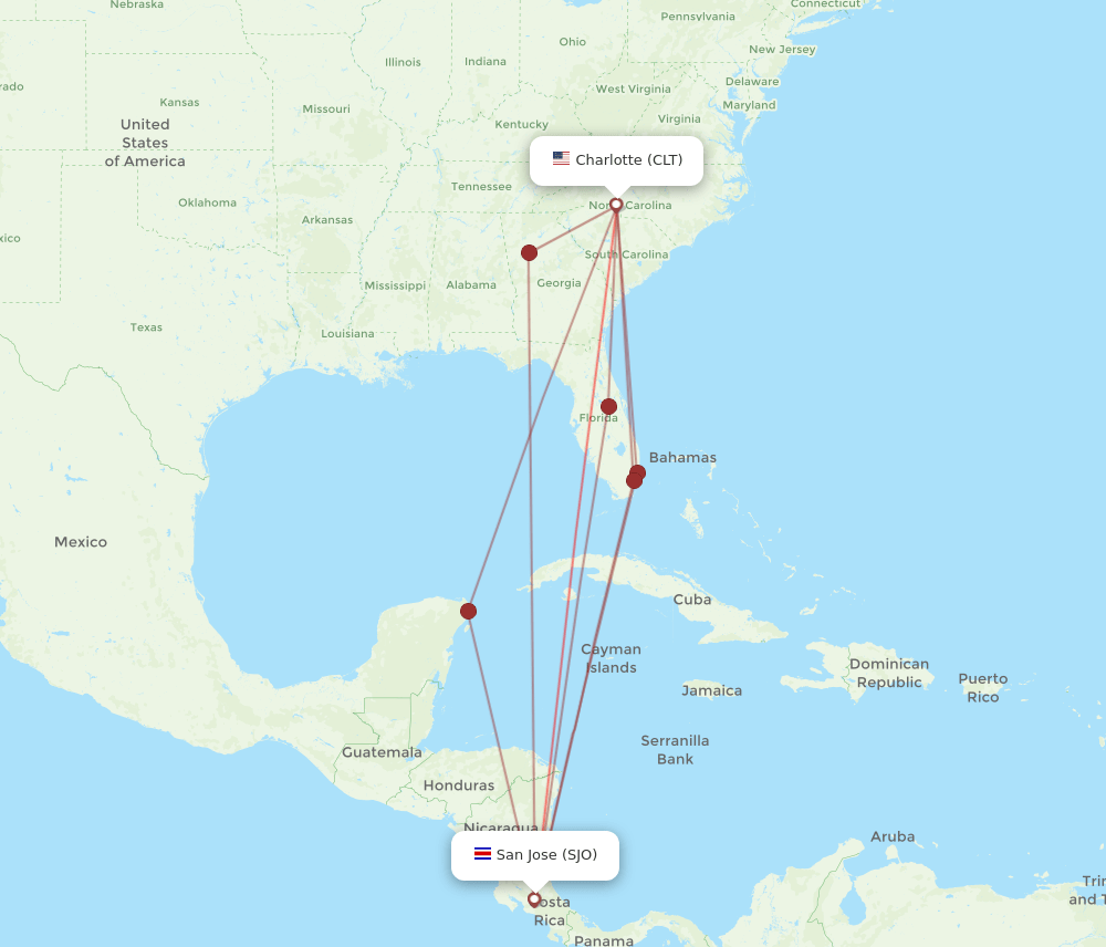 SJO-CLT flight routes