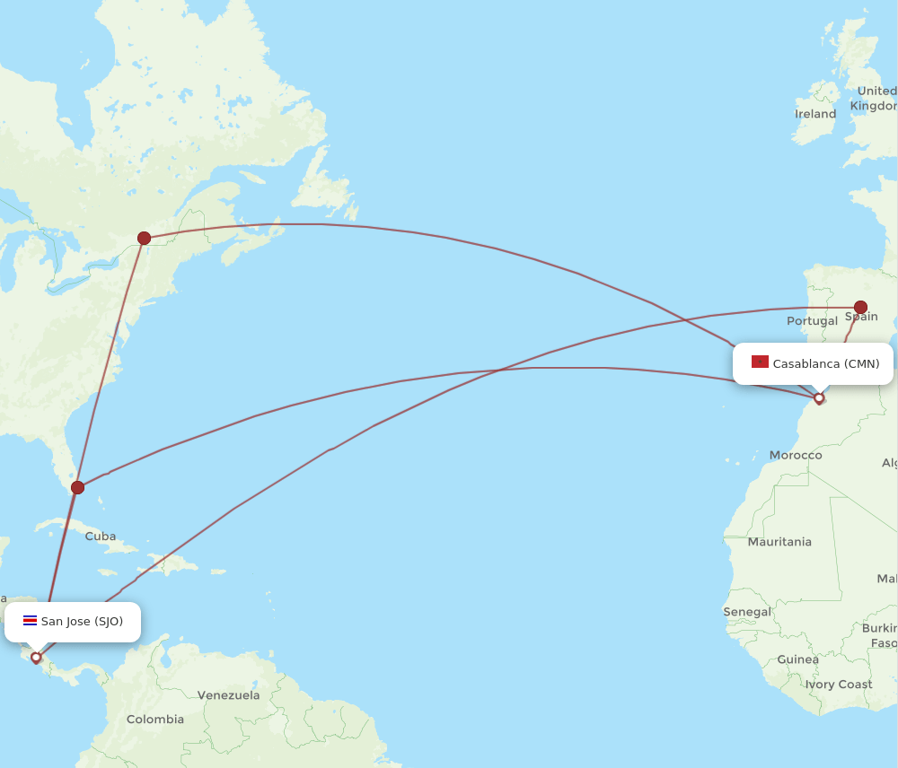 SJO to CMN flights and routes map