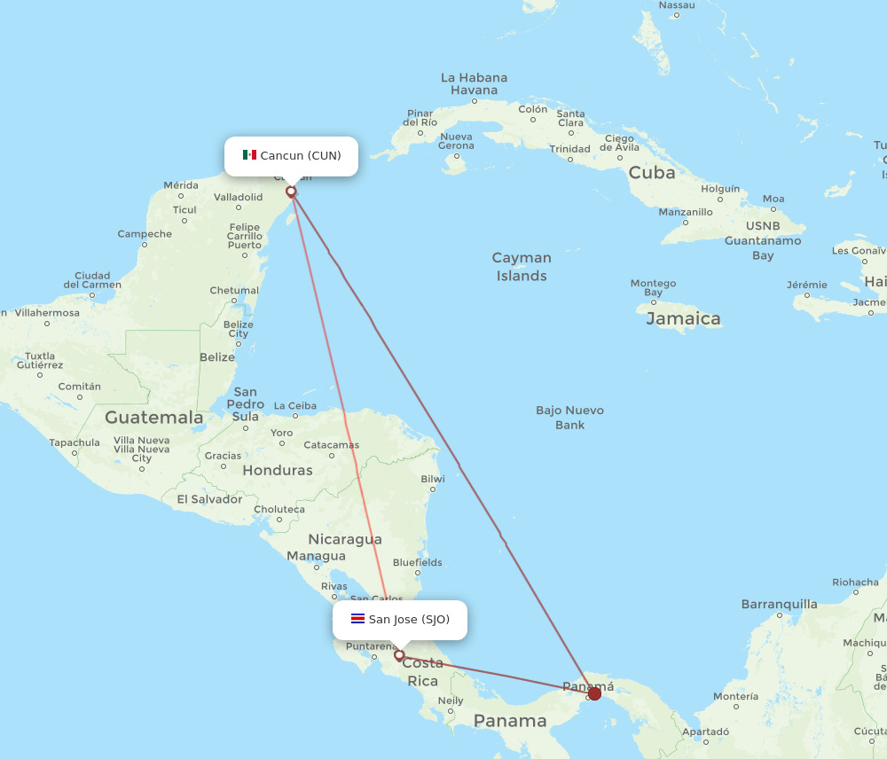 SJO-CUN flight routes