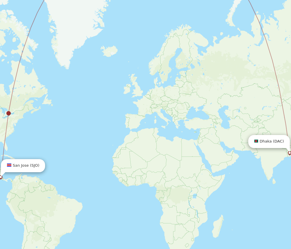 San Jose - Dhaka route map and flight paths