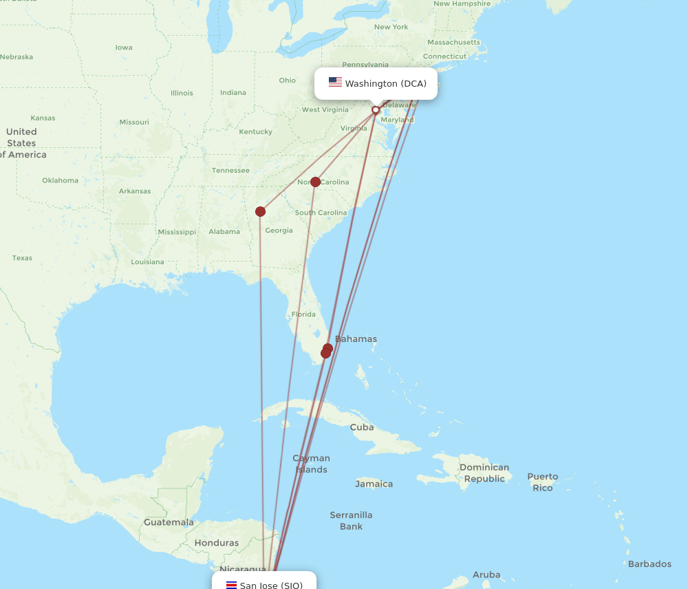 SJO-DCA flight routes