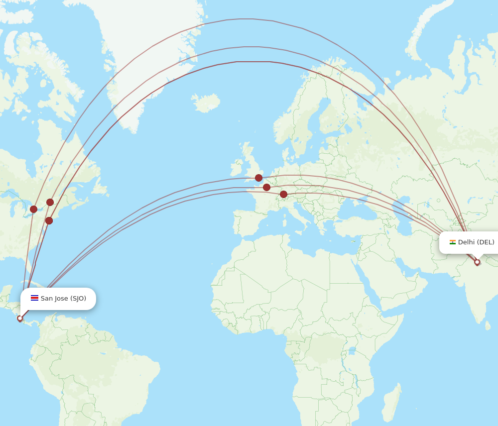 SJO to DEL flights and routes map