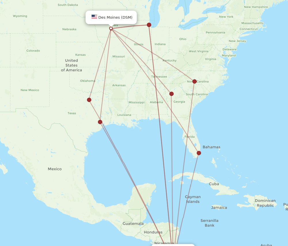 SJO-DSM flight routes