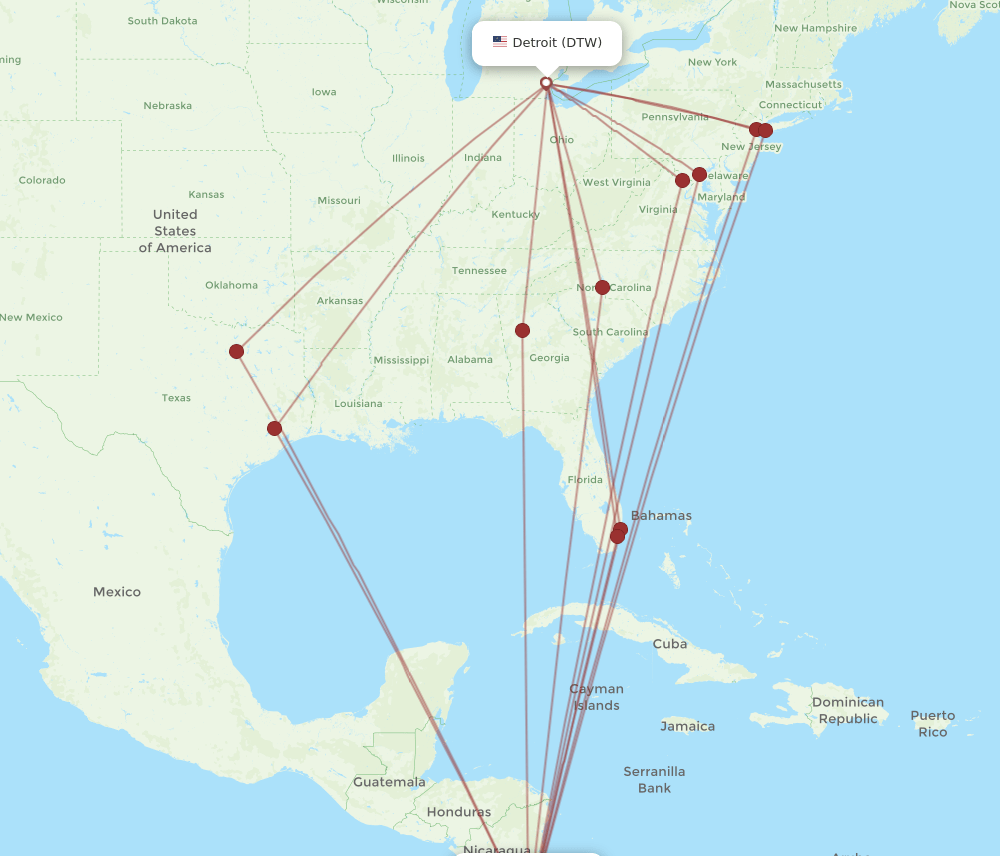 SJO-DTW flight routes