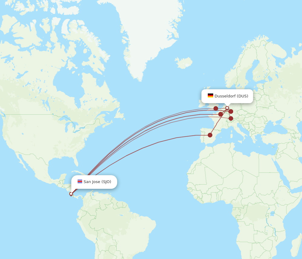 SJO to DUS flights and routes map