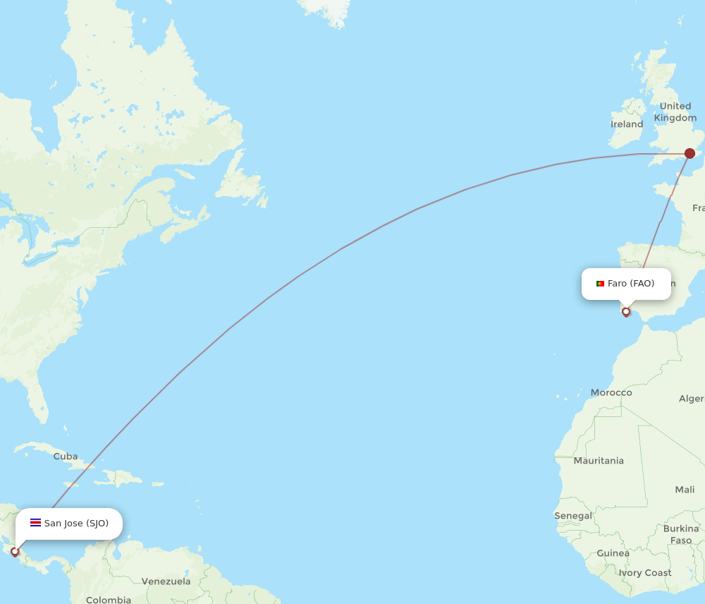 Faro - San Jose route map and flight paths