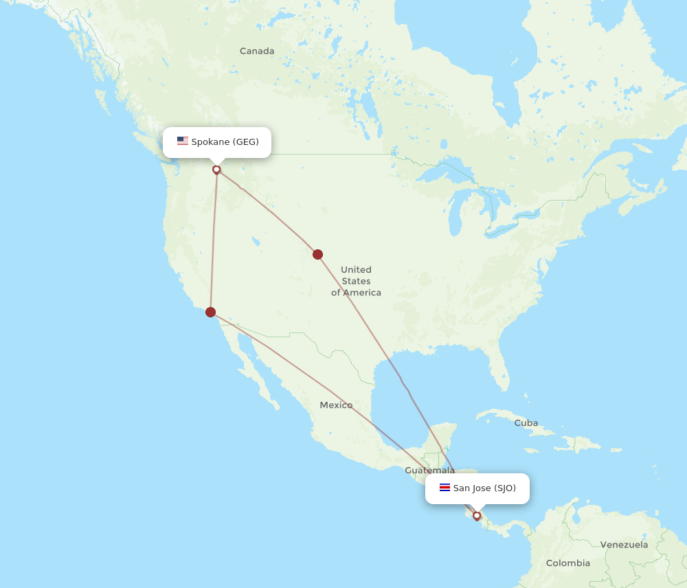 SJO to GEG flights and routes map
